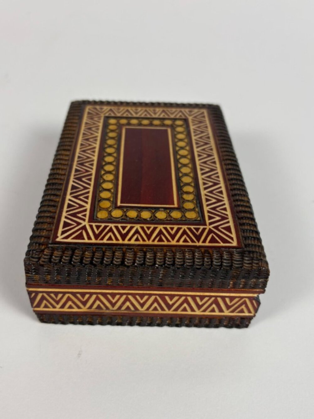 Vintage Hand-Carved Rosewood Trinket Box with Geometric Inlay | Mid-Century Wood